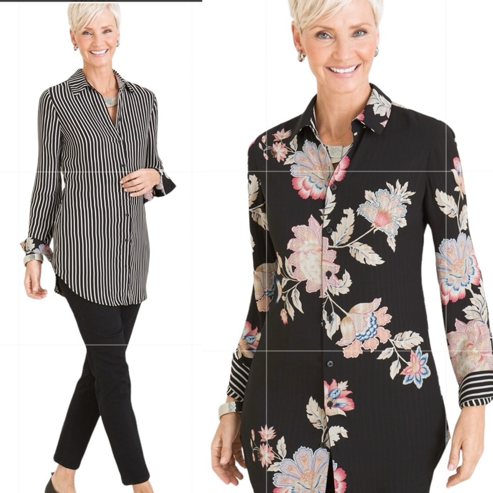 Chico's Reversible Long Sleeve Black Stripe Floral Button Up Blouse.‎